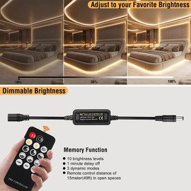 Hosyl Dimmable Warm White Cob Led Strip Light Kit with RF Remote & UL 12V Power Supply 3000K CRI93+ No Dark Spots Tape Lights for Cabinet, Bedroom, DIY Craft, Wall Accent Lighting