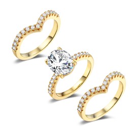 18K Yellow Gold Plated 7 * 9mm Oval Cubic Zirconia Three-in-One Wedding Band Engagement Promise Eternity Ring for Women Size 8
