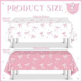 KEASKELL 2Pcs Coquette Party Tablecloths Decorations,Pink and White Bow Plastic Table Cover Disposable Rectangle Table Cloth for Girls Birthday Bridal Wedding Baby Shower Party Supplies,54x108 Inch