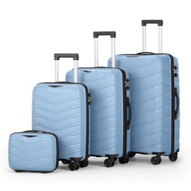 Udorich Elegant V-Stripes 4-Piece Travel Luggage Set for Effortless Journeys, Stylish Sky Blue Design, 14in-28in Trolley Cases Including Handbag