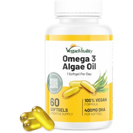 Omega 3 Algae Oil : 400mg DHA - for Heart, Joints, Brain Health, High Strength 60 Softgel Tablets, 2 Months Supply. Vegan Vitality's Algae Omega 3