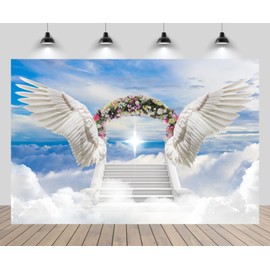CHNYWORK 7x5ft Angel Wings Backdrop Blooming Flowers Arch Door Stairs to Heaven Holy Light Clouds Blue Sky Background Baby Shower Prayer Church Party Decor Newborn Portrait Photo Booth Studio Props