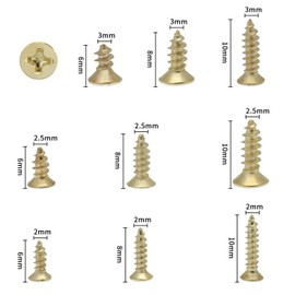 electrapick Small Screws 1080 Pieces Wood Screws M2 M2.5 M3 6/8/10 mm, Cross Drive, Gold