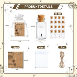 XineYuor 16 Set Pusteblume im Glas Echtes,Kleiner Wunscherfüller,Mullbeutel Grußkarte Hanfseil-Glücksbringer,Dankeschön Geschenk Kleine Aufmerksamkeit Mitgebsel zu Geburtstag Hochzeit (16)