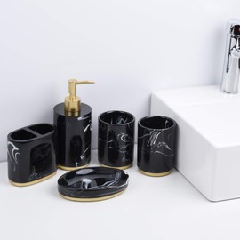 Jung Ford 5-Piece Bathroom Counter Top Accessory Set Including Dispenser for Liquid Soap or Lotion, Soap Dish, Toothbrush Holder and 2 Tumblers, Gold Base, Marble Imitated Resin (Ink Black)