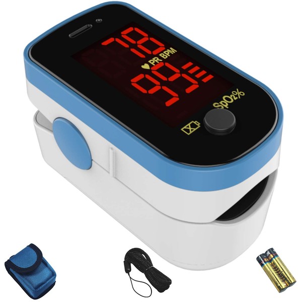 CHOICEMMED Finger Pulse Oximeter - Blue Blood Oxygen Monitor with Batteries - Portable O2 Saturation Sensor in Carry Pouch
