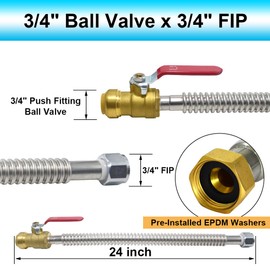Stainless Steel Corrugated Flexible Water Heater Connector, 3/4" Ball Valve x 3/4" FIP, Push To Connect Brass Plumbing Fitting, 24" Length