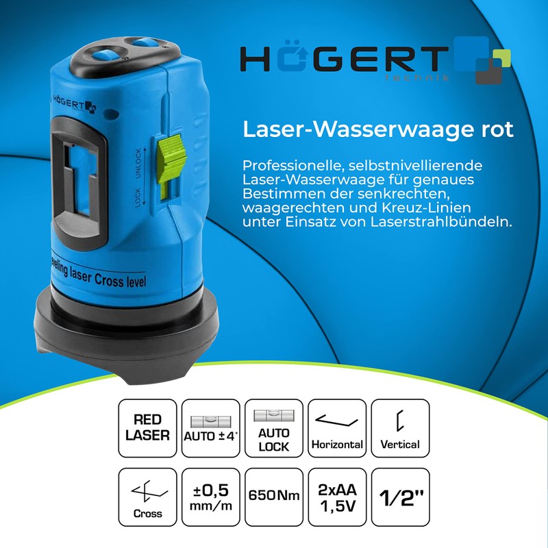 Högert Technik Professionelle, selbstnivellierende Laser-Wasserwaage, Arbeitsbereich: Radius bis 5 m