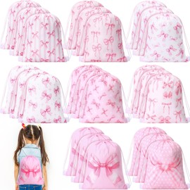 Sunnymove 24 Pcs Pink Bow Party Favor Drawstring Bags 12 x 10 Inch Candy Treat Drawstring Backpack for Girls Coquette Pink Bow Goodie Gift Bags for Birthday Party Bachelorette Bridal Shower Wedding