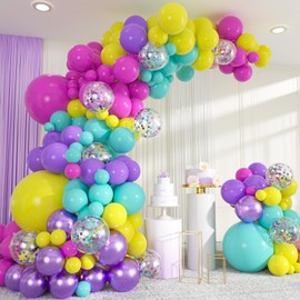 137pcs Purple Pink Blue Balloons, 18/12/10/5inch Hot Pink Metallic Purple Teal Yellow Confetti Balloons for Kids Birthday Mermaid Baby Shower Unicorn Party Supplies