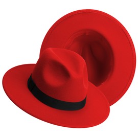 KUJUHA Fedora - Sombreros Fedora de fieltro para hombres y mujeres, sombreros Fedora de dos tonos de ala ancha, Rojo -, Large-X-Large