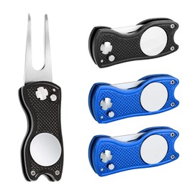 Mile High Life 4 Pieces Golf Divot Tool All Metal Foldable Repair Tool with Pop-up Button & Magnetic Ball Marker