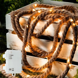 Gresonic Gresonic LED Lichterkette Seil Beleuchtung 25LED 2m lang batteriebetrieben Timer Baumwollseil Naturkordel Juteseil Tau warmwei?e Lichtfarbe Garten Deko Innenbeleuchtung Weihnachtsdeko wasserdicht