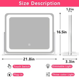 ROLOVE 22x17 Inch Lighted Vanity Mirror with Dimmable LED Lights - 3 Color Modes, Smart Touch Control & 360° Rotating Base - Desk Makeup Mirror (White)