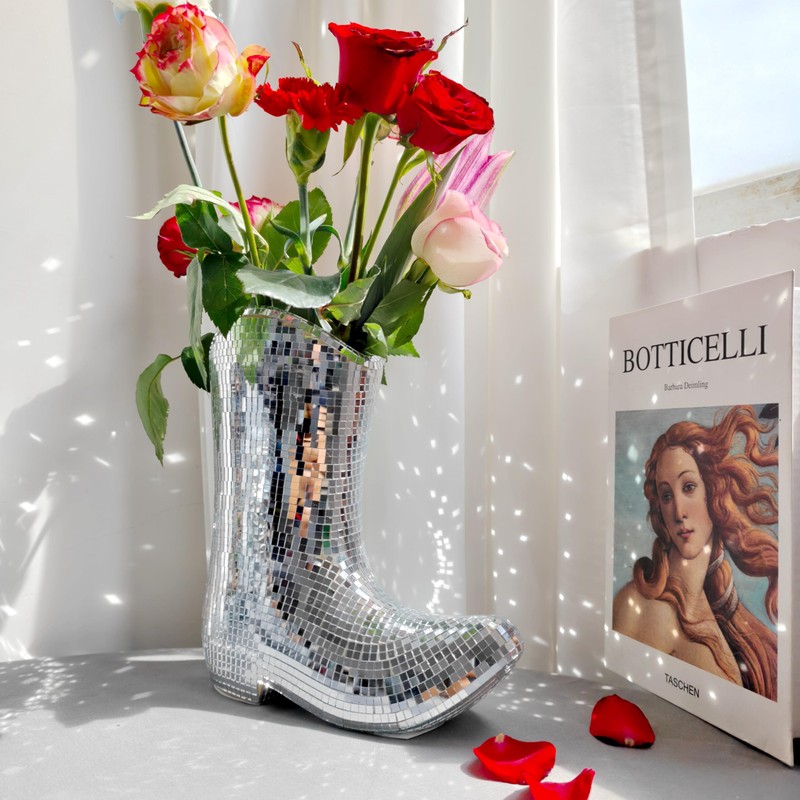 Handcrafted Disco Cowboy Boot Vase, Ceramic & Santiago Disco Ball