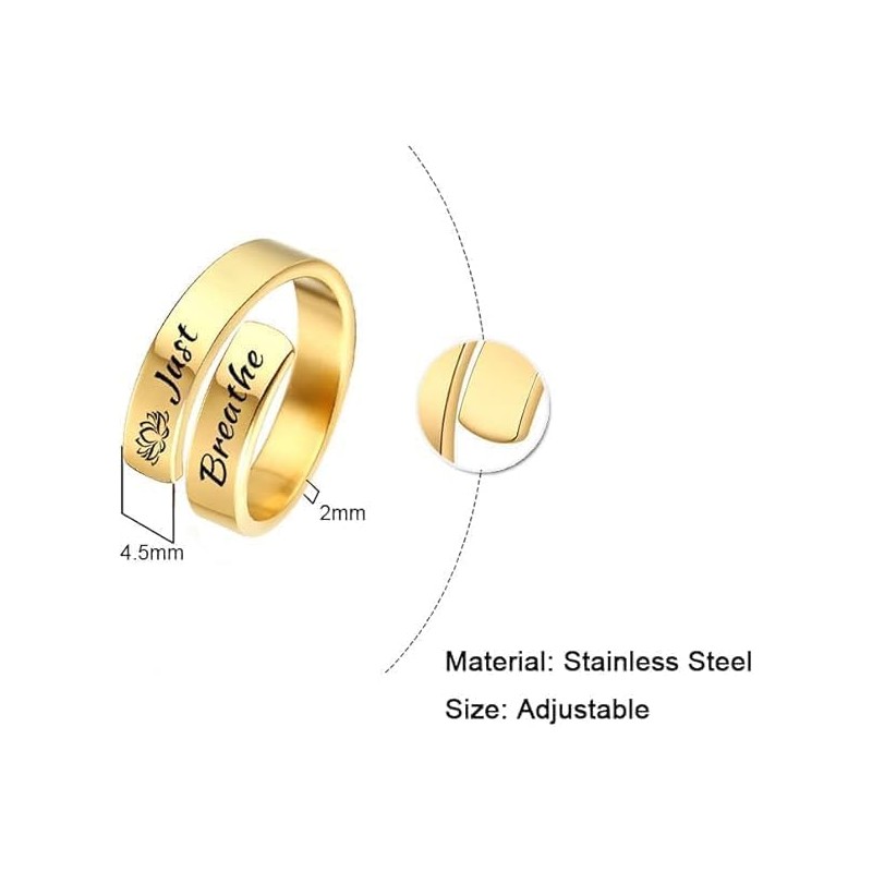 Dainty Just Breathe Ring for Women,Adjustable Inspirational Engraved Heart Stainless