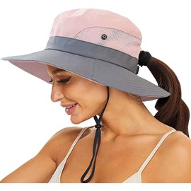 Women's Sun-Hat UV-Protection-Foldable Mesh Wide-Brim Outdoor Summer Beach Fishing Hat with Ponytail-Hole (One Size, Pink)