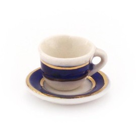 MyTinyWorld Dolls House Miniature Blue and Metallic Gold Coffee Cup and Saucer