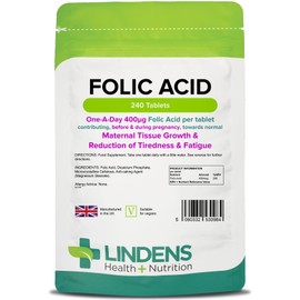 Lindens - Folic Acid 400mcg - 240 Vegan Tablets - UK Made to GMP - Pregnancy, Immune Health, Energy and Vitality, Blood Formation, Psychological Function, Amino Acid - Letterbox Friendly
