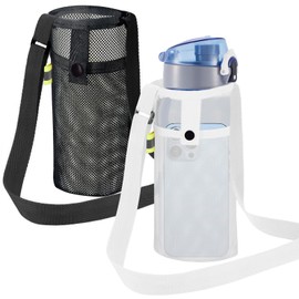 Chris.W 2pcs Mesh Water Bottle Holder Water Bottle Carrier Sling Bag with Adjustable Strap & Pocket, Crossbody Water Bottle Sleeve for Sports Gym Hiking Camping Walking Jogging Cycling (Black/White)