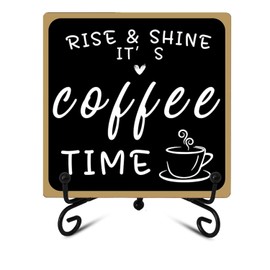 Wooden Coffee Bar Sign, Rustic Coffee Bar Decor, Retro Style Coffee Desk Decorations Black and White with Iron Stand, Tabletop Shelf Accessories for Coffee Station Bar Home Farmhouse Kitchen Office