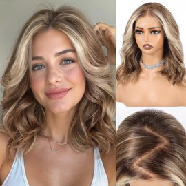 13x6 HD Lace Front Wig for Women, 16-Inch Heat Resistant Synthetic Wavy Hair, Shoulder Length Glueless Lace Wigs for Daily, Party&Date (Blonde balayage)
