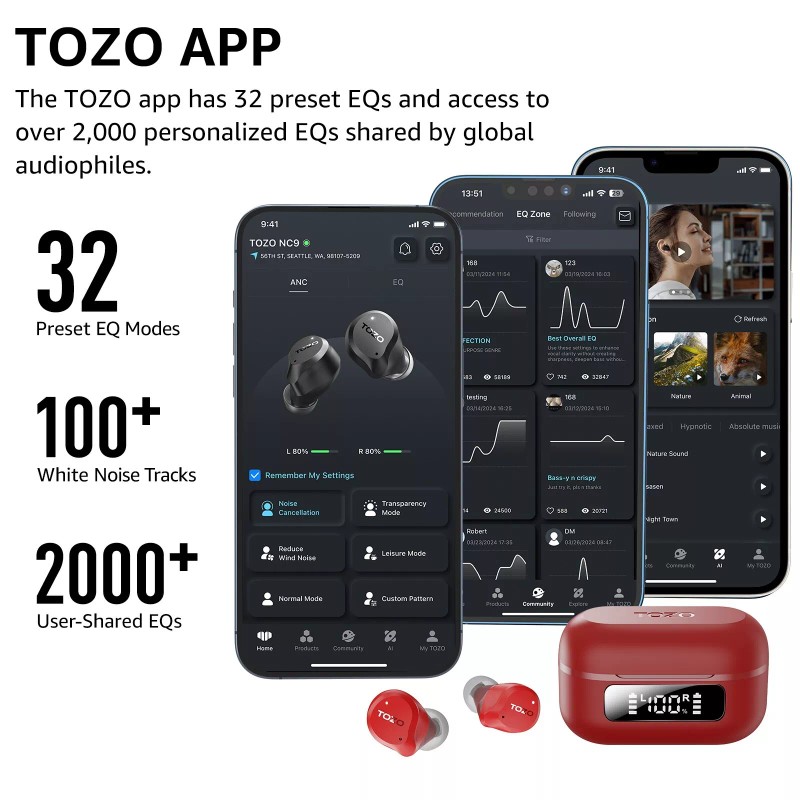 TOZO 6 Mics Active Noise Cancellation Wireless Earbuds IPX8 Waterproof