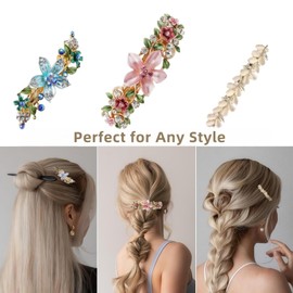 YOYLEAYOY Metal Flower Hair Barrettes Gift-Ready Set, 3-Pack Crystal Accent Clips for Women’s Ponytail Braid (Pink, Blue, Yellow)​​