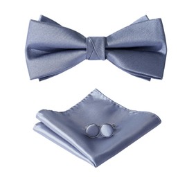 HOULIFE Bow Tie Men's Set - Adjustable Satin Polyester Bow Tie Pre-tied Bow Tie, Plain Pocket Square, Cufflinks Set for Groom Wedding Formal with Gift Box, darkgray