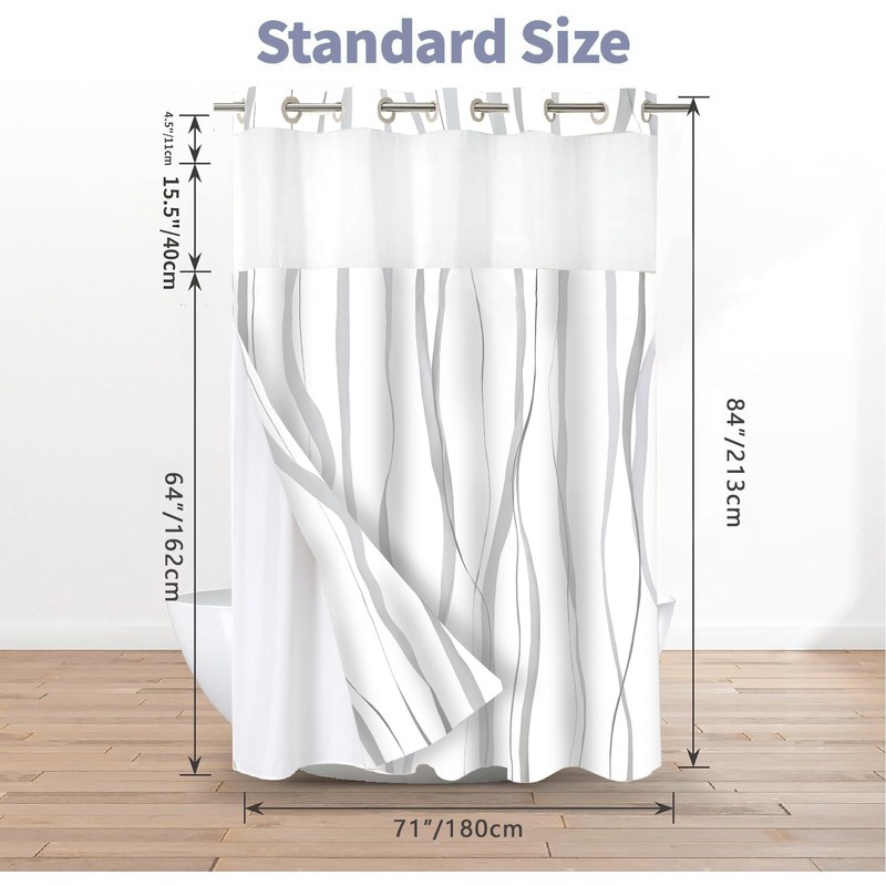 SSCRCUSLY 71x84 Inches White No Hook Grey Striped Shower Curtain