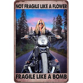 Motorcycle Girl Not Fragile Like A Flower Fragile Like A Bomb Motorcycle Rider Wood Rubber Sleek Metallic Jacket Girl Retro Sign Wall Art Vintage Coffee Hotel Cafe Room Club Man Cave Decor 8x12inch