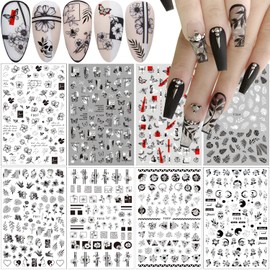 8 Sheets Flower Nail Art Stickers 3D Black White Retro Floral Leaves Butterfly Nail Decals Nails Supply Designs Flower Leaf Butterflies Nail Art Accessories Designer Nail Stickers for Acrylic Nails