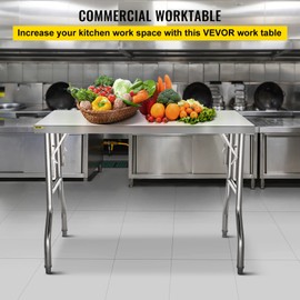 VEVOR Commercial Worktable Workstation 48 x 24 Inch Folding Commercial Prep Table, Heavy-duty Stainless Steel Folding Table with 661 lbs Load, Kitchen Work Table, Silver Stainless Steel Kitchen Island