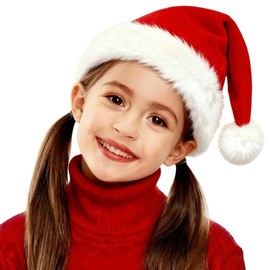 LKQBBSZ Santa Hat for Child Unisex Velvet Comfort Xmas Hat Extra Plush for Christmas New Year Festive Holiday Party (Red)