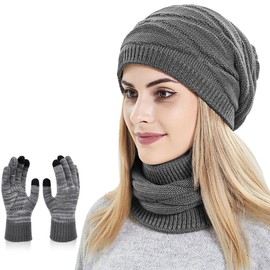 KIRAAT Women's Slouchy Beanie Scarf Gloves Set for Girls Warm Knitted Winter Ski Hat with Fleece Lined, gray