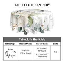 Mantel redondo de hojas de eucalipto de 60 pulgadas, mantel circular con flores de rosas blancas, resistente a las manchas, repelente al agua, colorido mantel decorativo para el hogar, cocina, comedor y exterior