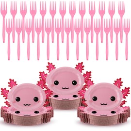 Zhehao 60 Sets Axolotl Tableware Dinnerware Axolotl Shaped Birthday Party Supplies 10 Inch Disposable Paper Plates Pink Forks Cartoon Reptile Animals Party Decorations for Kids Boys Girls Favors