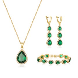 Crysdue Cubic Zirconia Teardrop Pendant Necklace Long Earrings Tennis Bracelet Set, Sparkle Classic Prom Wedding Jewelry Set for Women Brides Bridesmaid Emerald Green Gold-Tone