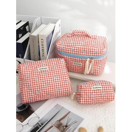 Plaid & Bow Pattern Makeup Bag, Large Capacity Makeup Bag, New Fashion Portable Letter Patched Design Cosmetic Bag for Travel & Daily Used - Color: Hot Pink, Size: L