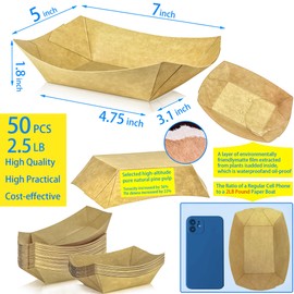 MotBach 50 Pack 2.5lb Kraft Paper Food Trays, Disposable Paper Food Boat Heavy-Duty Food Serving Basket Tray for Snack Hot Dog French Fries Nachos Taco Popcorn BBQ Party Picnic Wedding Party