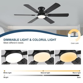 KNUN 56 inch Ceiling Fans with Lights, Black Flush Mount Ceiling fan with Light and Remote/APP Control, 3CCT, Dimmable, Noiseless, Low Profile Ceiling Fan for Bedroom, Patio, Indoor/Outdoor Use