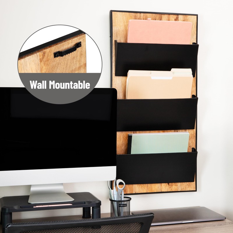 Mind Reader 3-Tier Wall-Mounted File Organizer, Wood and Metal Vertical