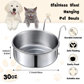 mumufy 6 Pieces Stainless Steel Hanging Water Bowls with Holder Detached Anti Spill Pet Metal Bowl Cage Kennel Crate Food Bowl(30 oz)