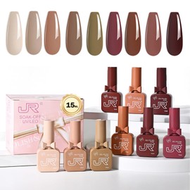 JR 9 Colors 0.5oz Gel Nail Polish Set Bow Bottle Design Including Red Pink Nude Gel Polish Kit UV LED Soak Off Polish Home DIY Gift C Brown Series