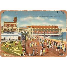 7 x 10 METAL SIGN - New Jersey Postcard - Convention hall and boardwalk, Asbury Park, N. J. - Vintage Rusty Look