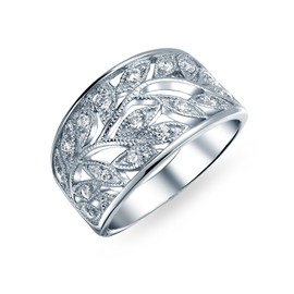 Boho Pave Cubic Zirconia Open Filigree Wide Leaves Leaf Band Ring For Women .925 Sterling Silver 7 MM