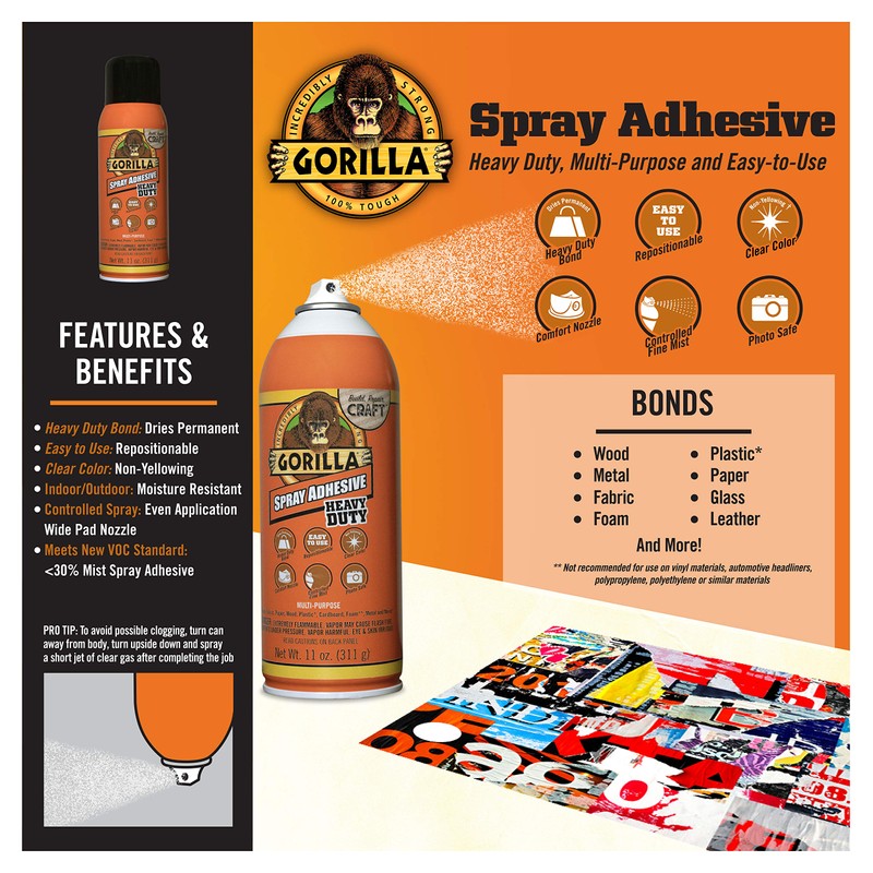 Gorilla Heavy Duty Spray Adhesive, Multipurpose and Repositionable, 11 Ounce,