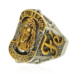 Jesus Head Carved Signet Big Top Ring for Men,Catholic Christian Cross Vintage Antique Thumb Pinky Ring Religious Amulet Blessing Ring Stainless Steel Biker Costume Jewelry, Large, Stainless Steel,