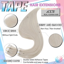 Hetto Tape in Hair Extensions Human Hair Blonde Tape in Remy Hair Extensions Glue in Extensions Human Hair #60 Platinum Blonde 18 Inch 20Pcs 50g