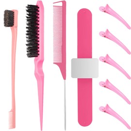 9PCS Hair Styling Set, Barber Comb, Slicking Hair Brush, Double-Sided Edge Brush, Detangling Hair Brush & Rat-Tail Comb, Hair Clip, Magnetic Slap Bracelet, For Women, Beauty Salon (Pink)